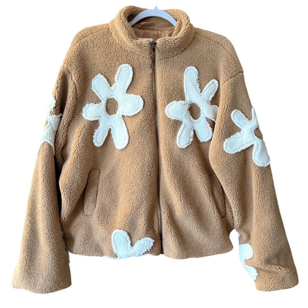 Easel Daisy Sherpa Jacket Womens Tan Brown White Oversized Cozy Full-Zip Large